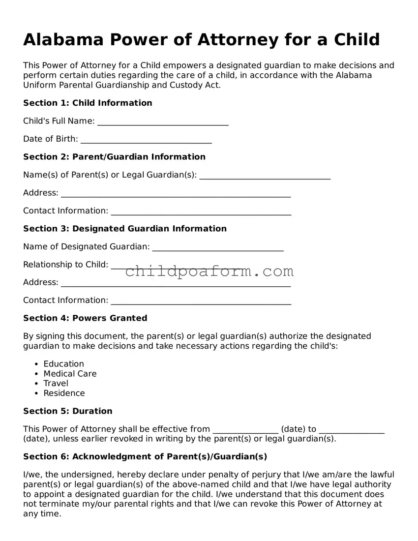 Power of Attorney for a Child Document for the State of Alabama