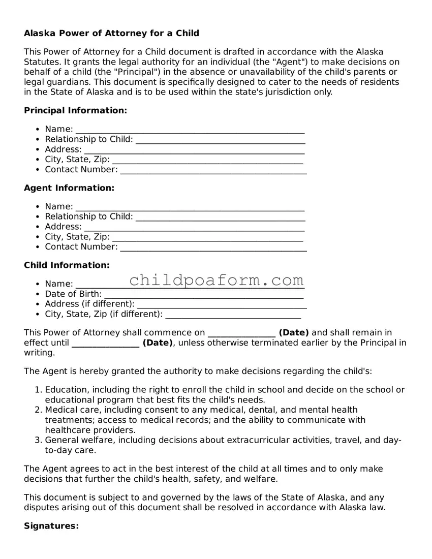 Power of Attorney for a Child Document for the State of Alaska