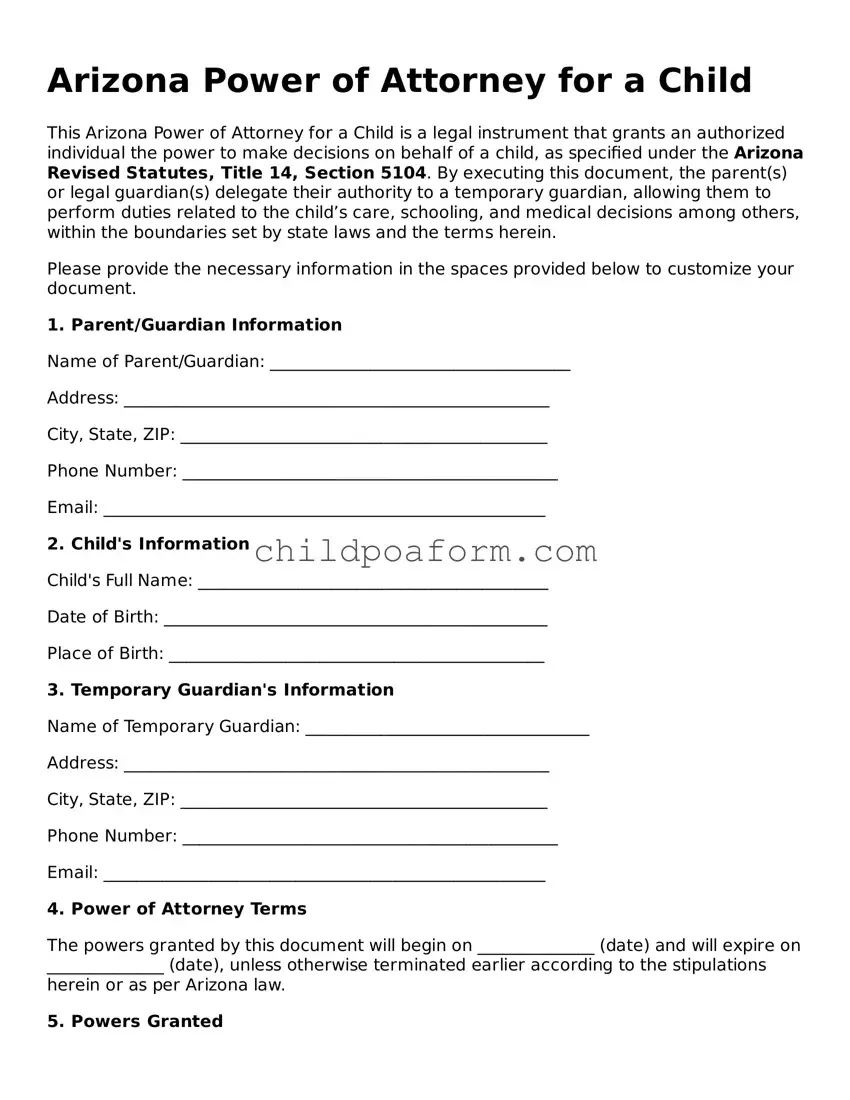 Power of Attorney for a Child Document for the State of Arizona