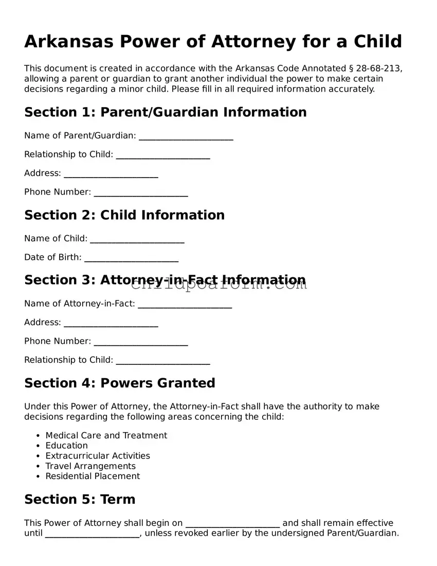 Power of Attorney for a Child Document for the State of Arkansas