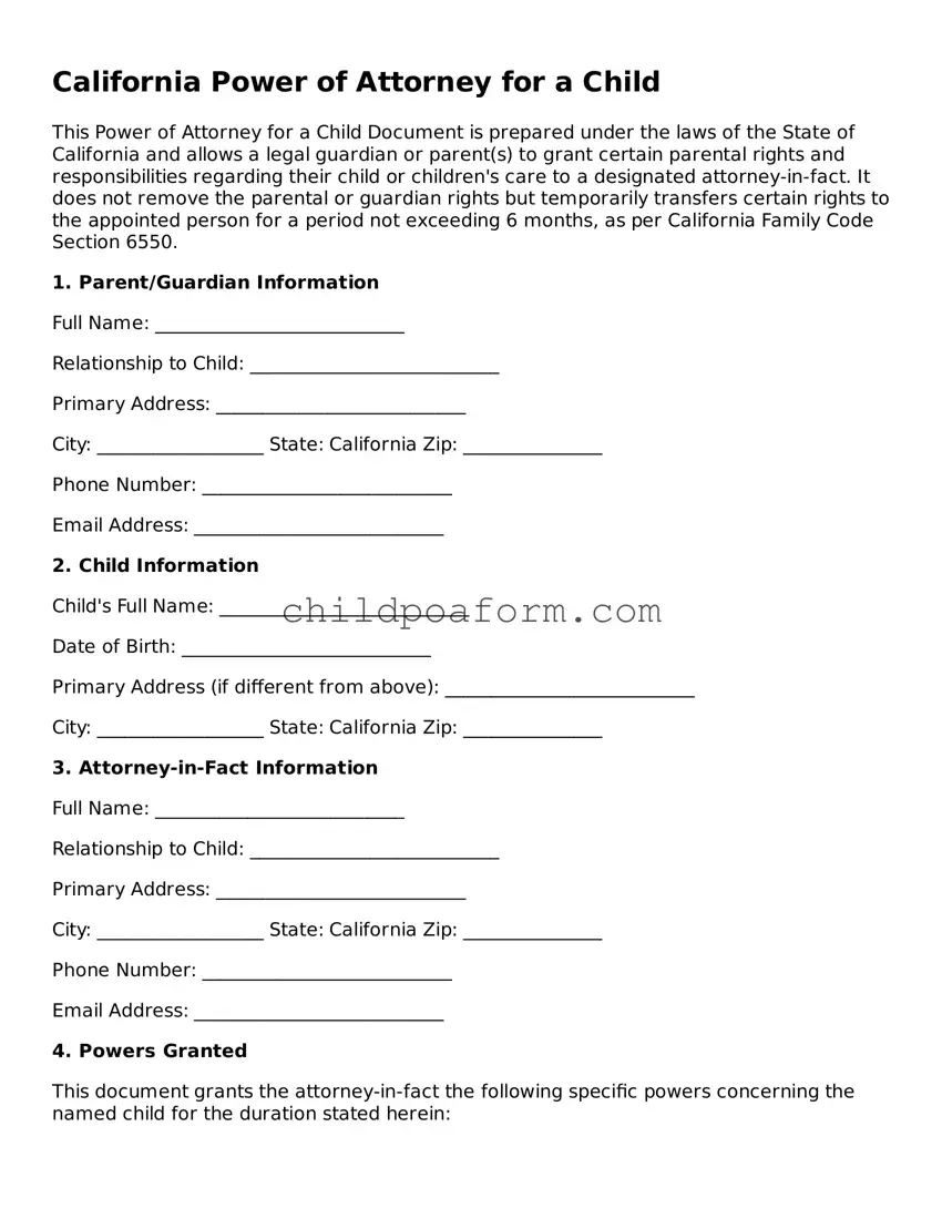 Power of Attorney for a Child Document for the State of California