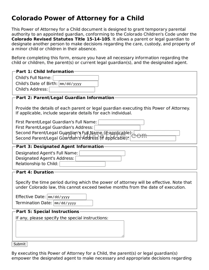 Power of Attorney for a Child Document for the State of Colorado