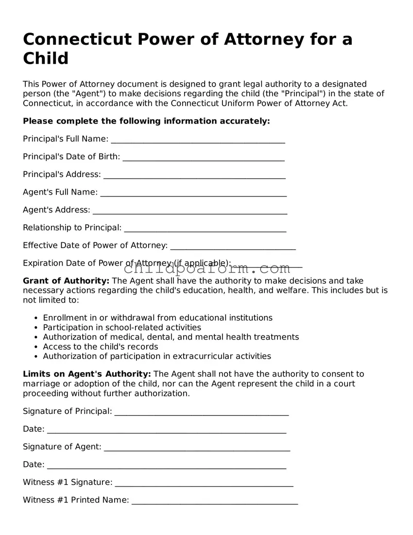 Power of Attorney for a Child Document for the State of Connecticut