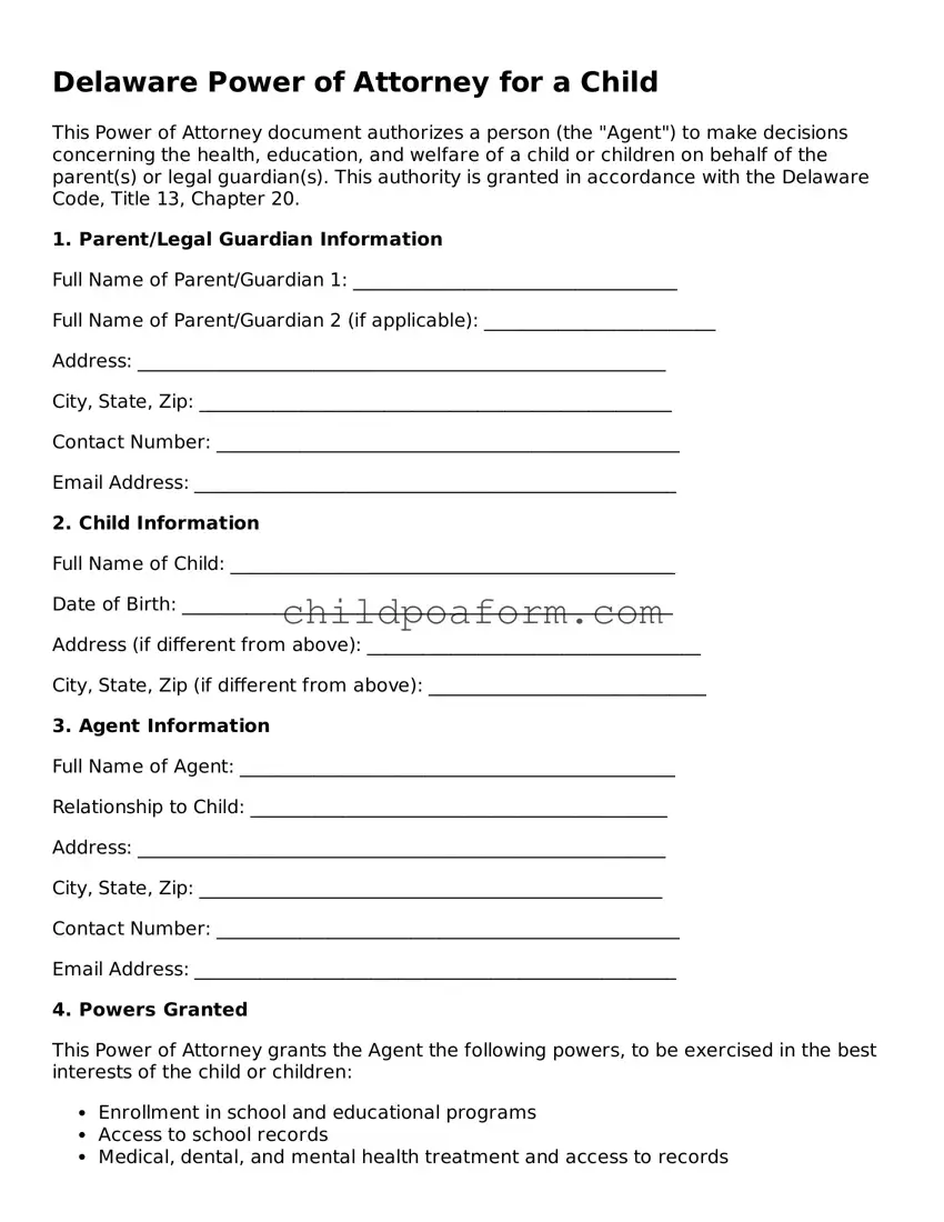 Power of Attorney for a Child Document for the State of Delaware