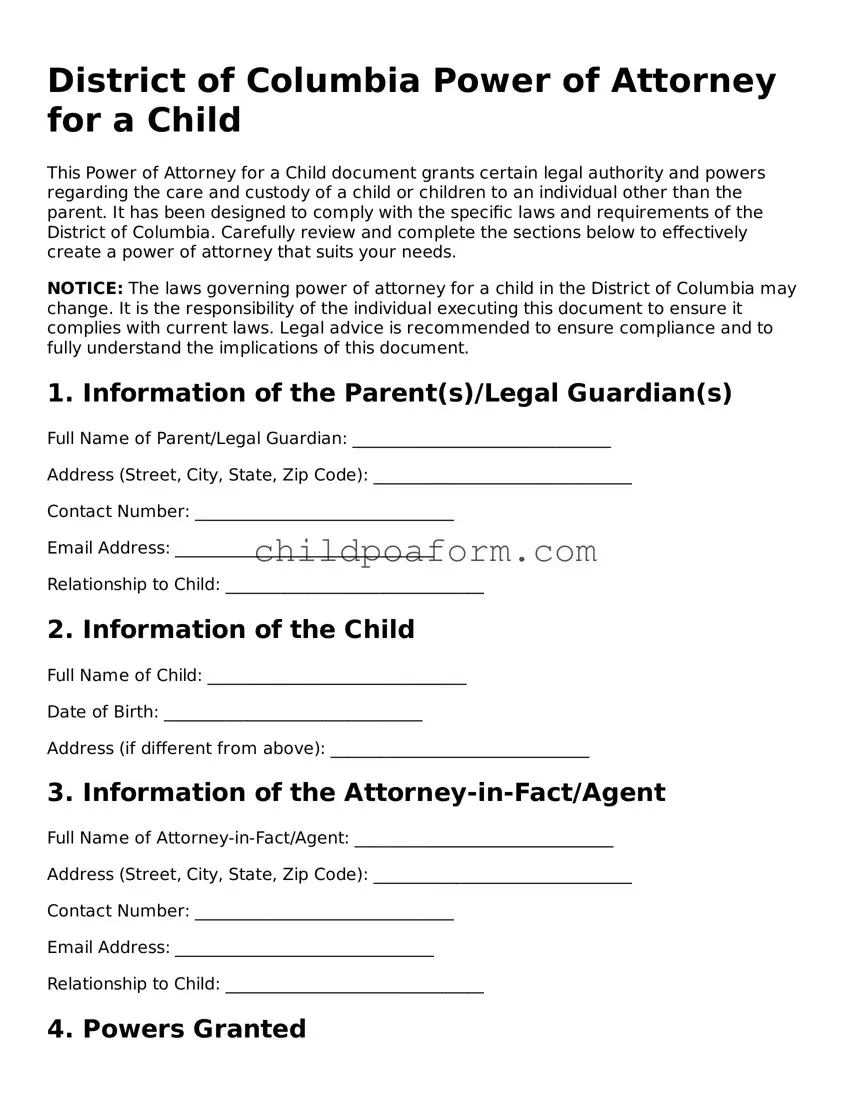 Power of Attorney for a Child Document for the State of District of Columbia