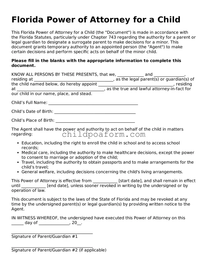Power of Attorney for a Child Document for the State of Florida