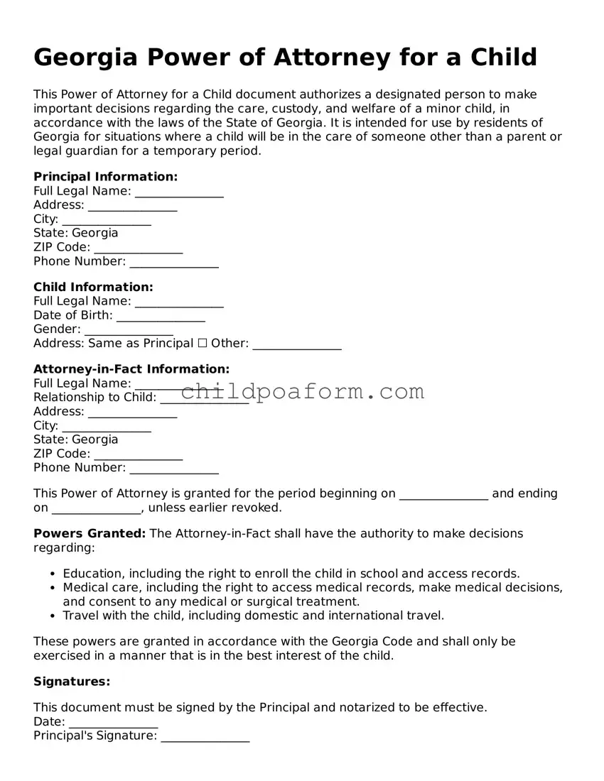 Power of Attorney for a Child Document for the State of Georgia