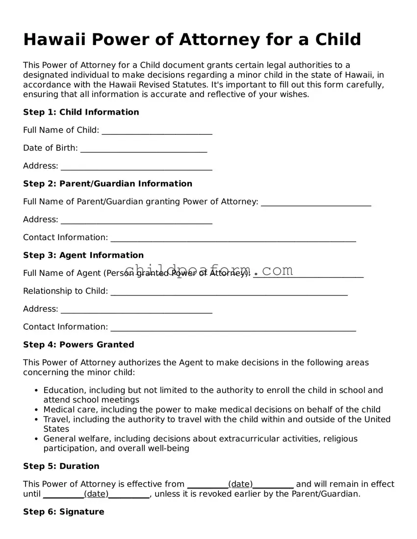 Power of Attorney for a Child Document for the State of Hawaii