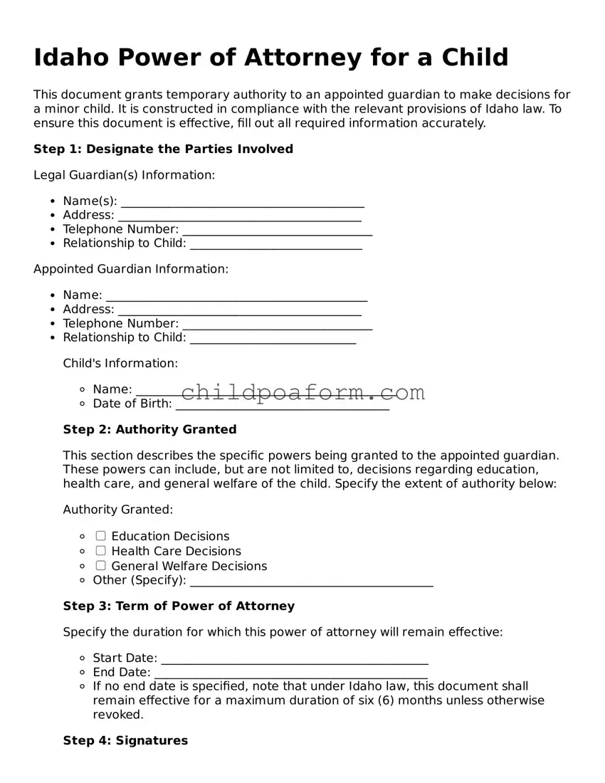 Power of Attorney for a Child Document for the State of Idaho