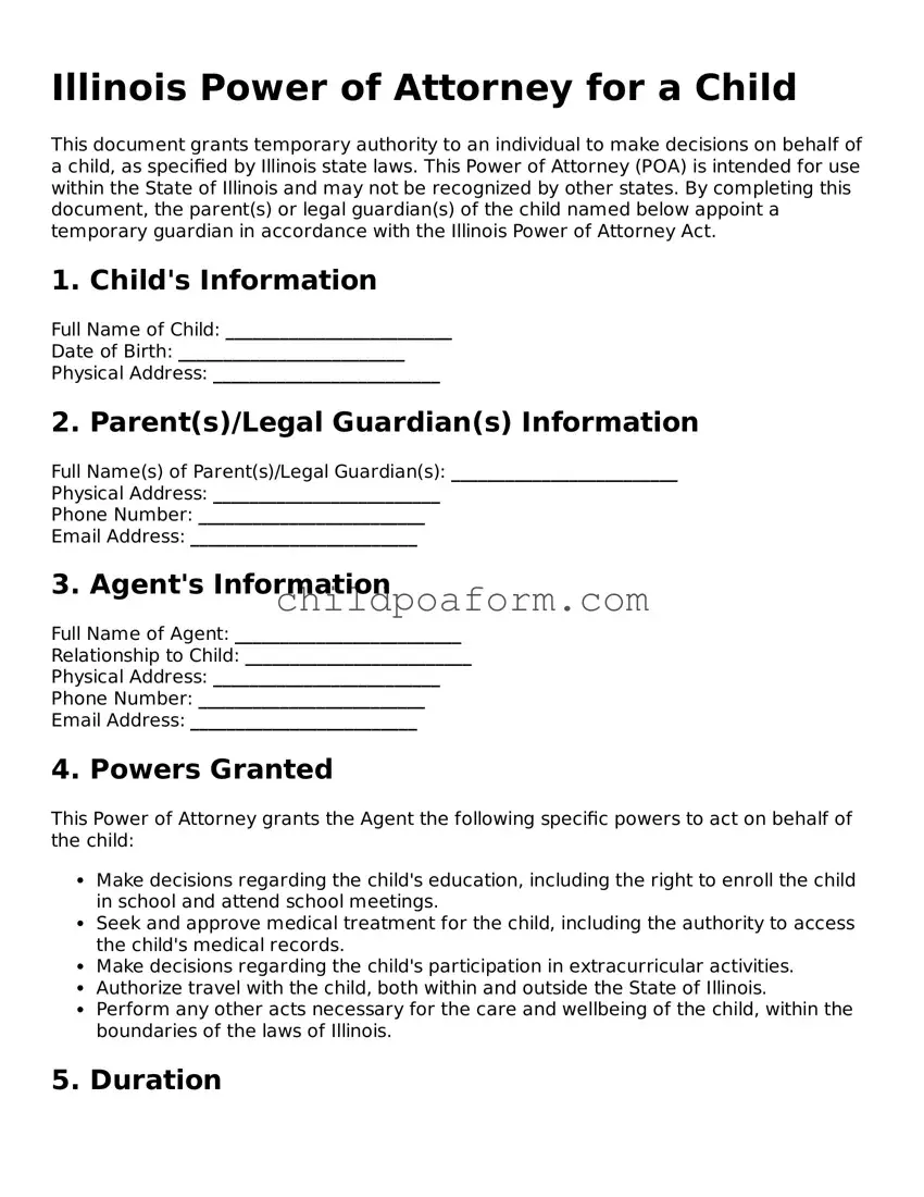 Power of Attorney for a Child Document for the State of Illinois