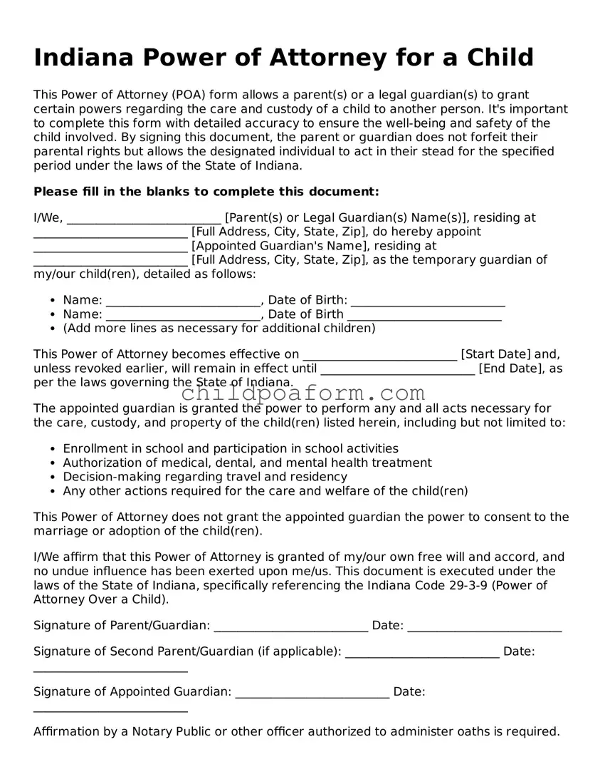 Power of Attorney for a Child Document for the State of Indiana
