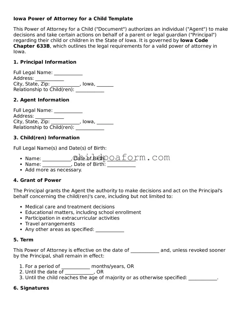 Power of Attorney for a Child Document for the State of Iowa