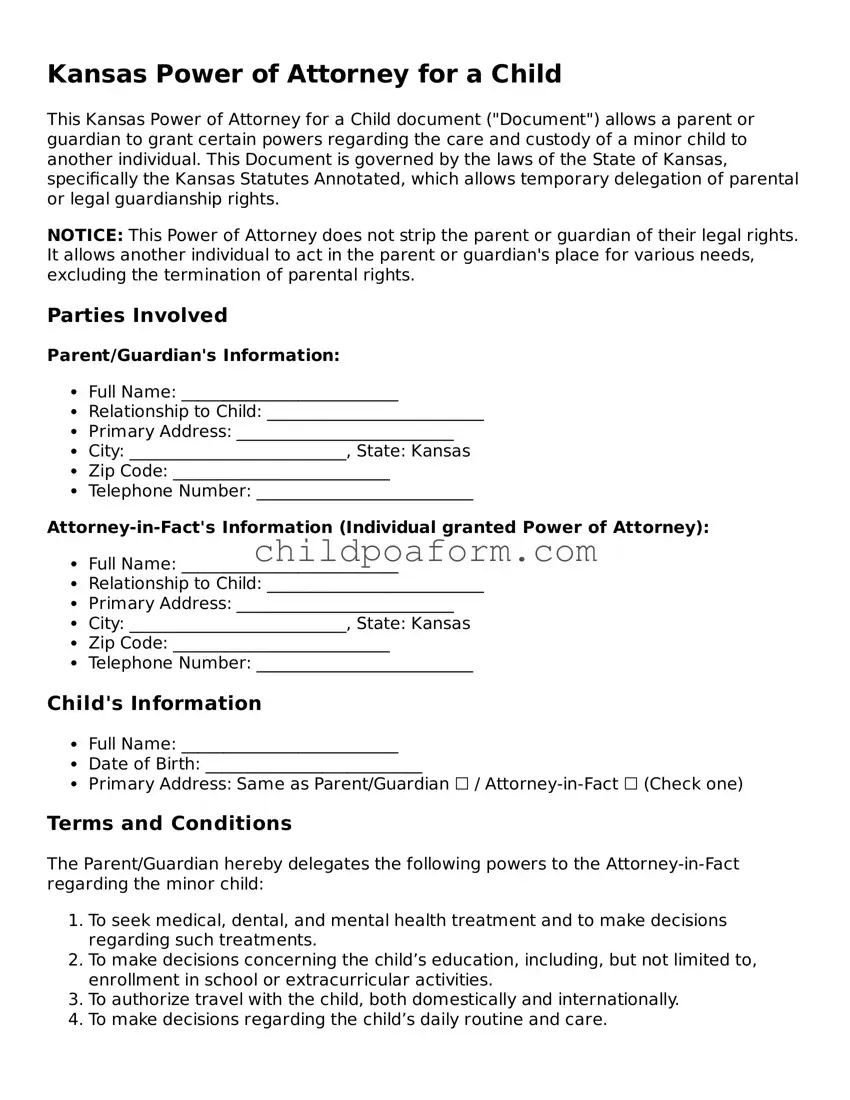 Power of Attorney for a Child Document for the State of Kansas