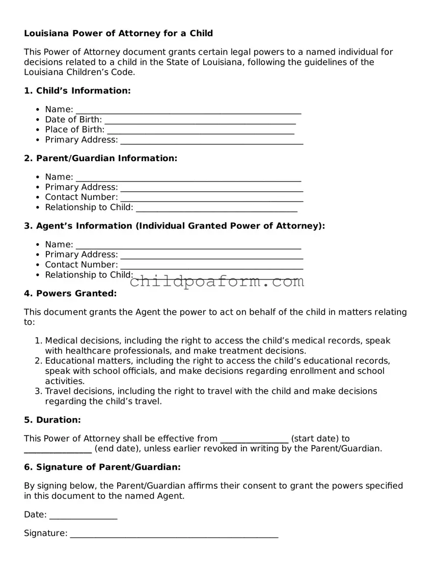 Power of Attorney for a Child Document for the State of Louisiana