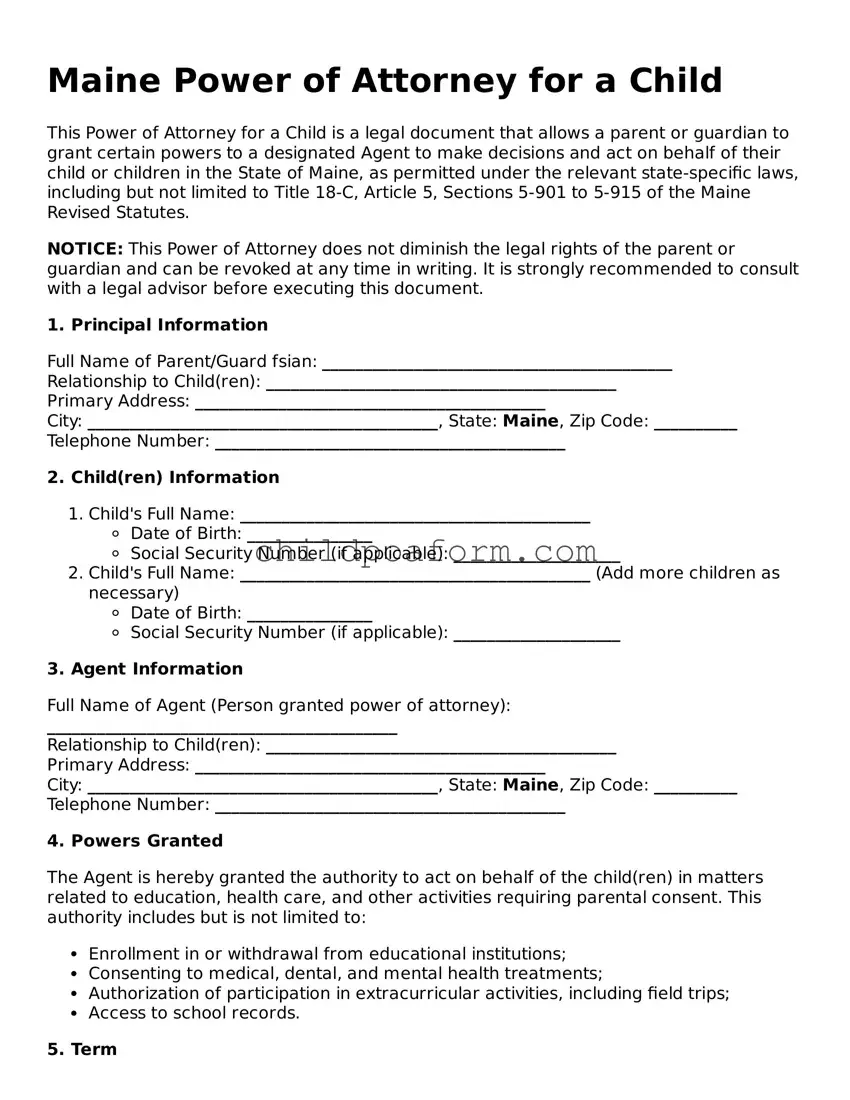 Power of Attorney for a Child Document for the State of Maine