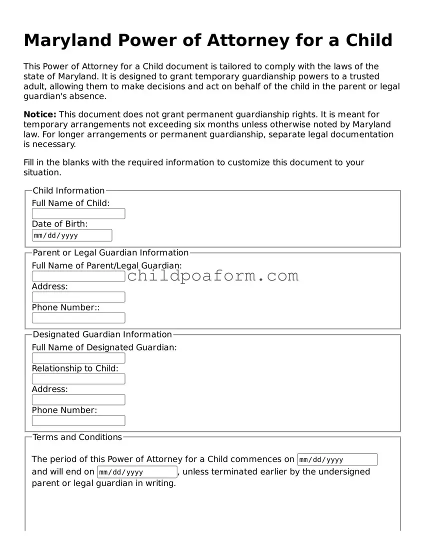 Power of Attorney for a Child Document for the State of Maryland
