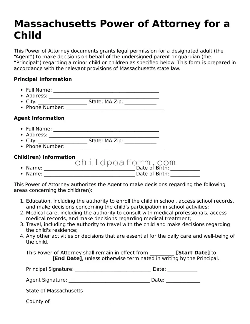 Power of Attorney for a Child Document for the State of Massachusetts