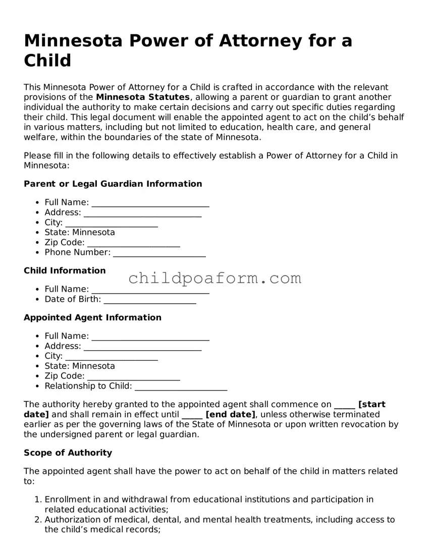 Power of Attorney for a Child Document for the State of Minnesota