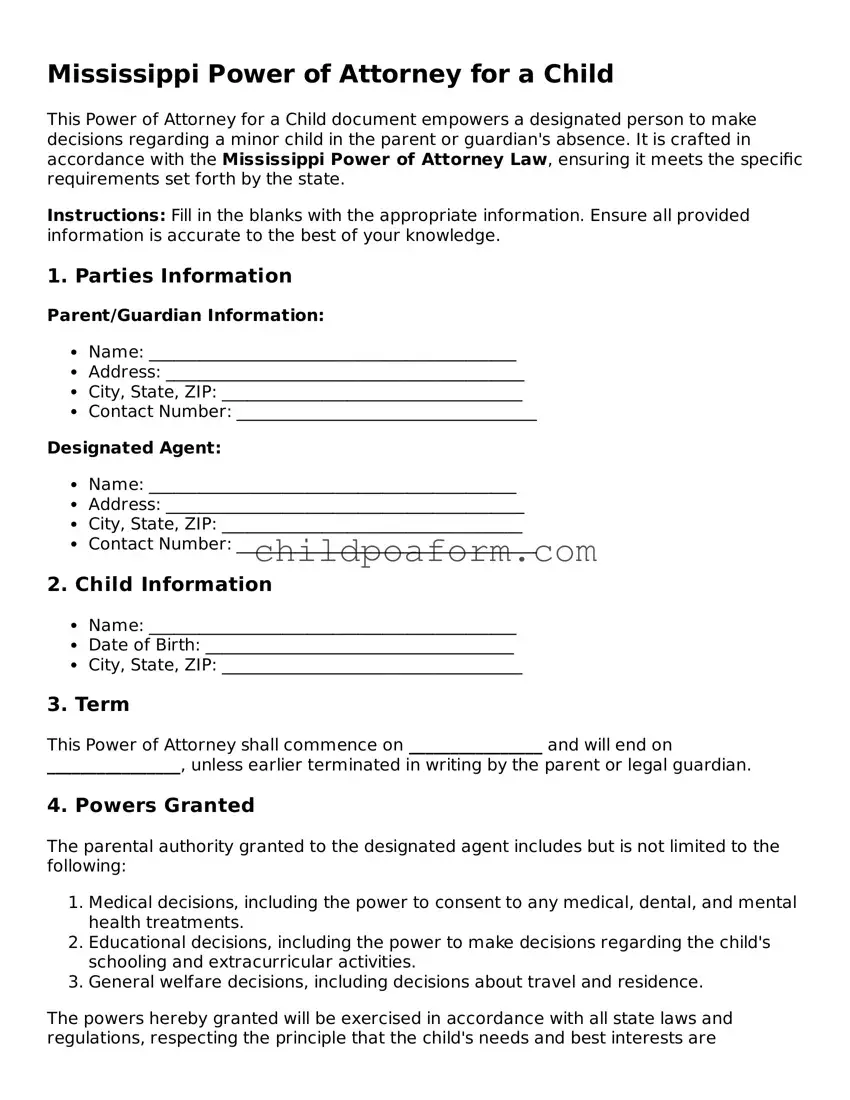 Power of Attorney for a Child Document for the State of Mississippi