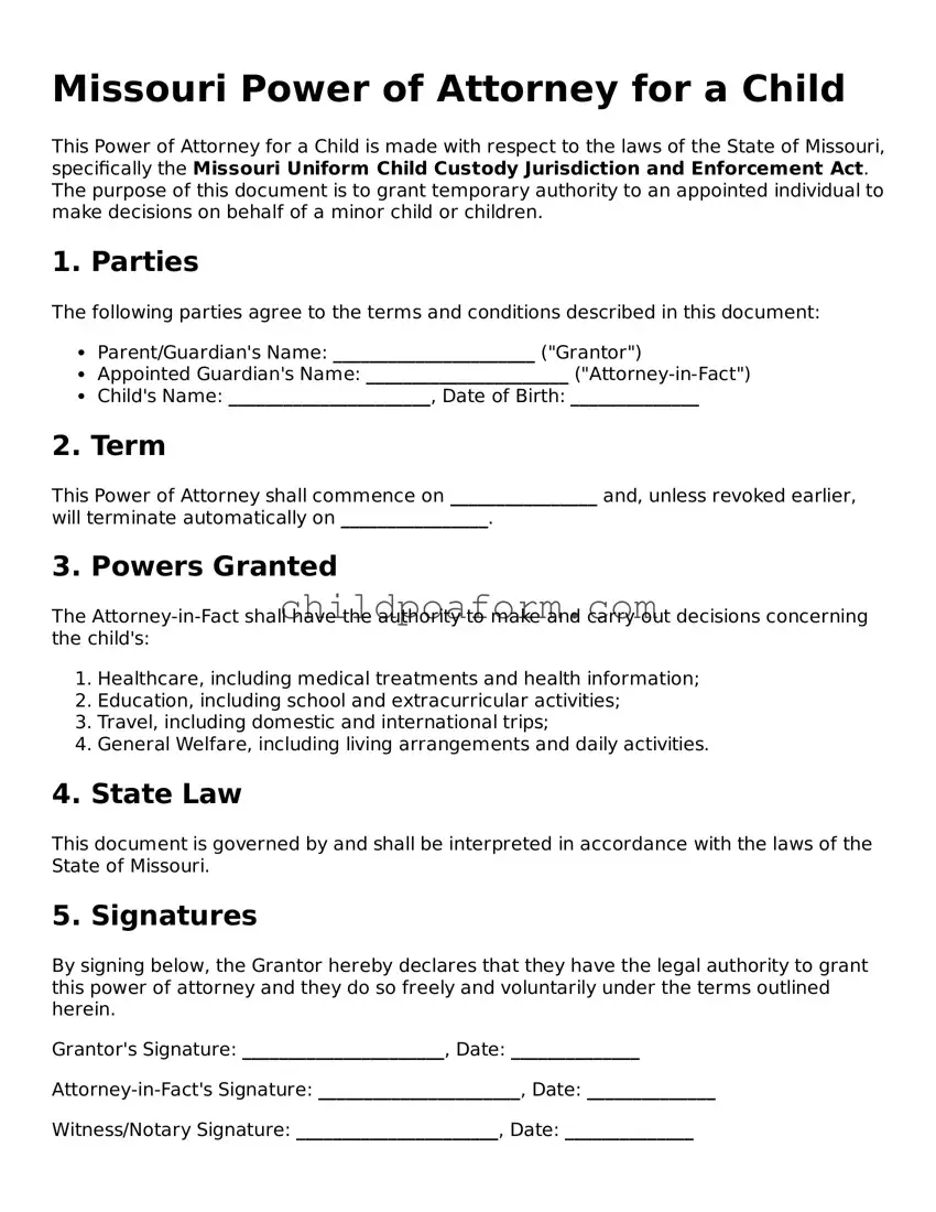 Power of Attorney for a Child Document for the State of Missouri