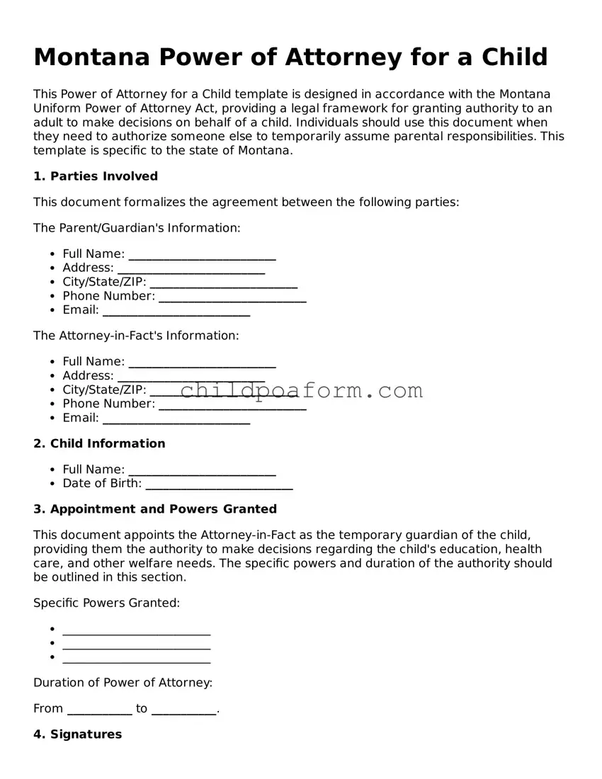 Power of Attorney for a Child Document for the State of Montana