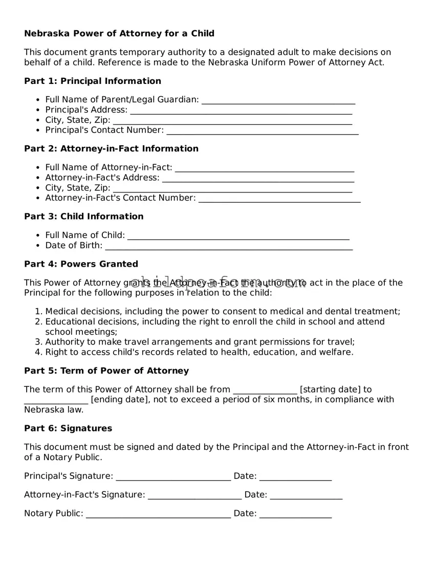 Power of Attorney for a Child Document for the State of Nebraska