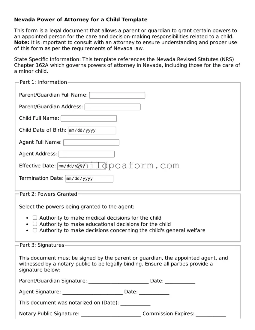 Power of Attorney for a Child Document for the State of Nevada