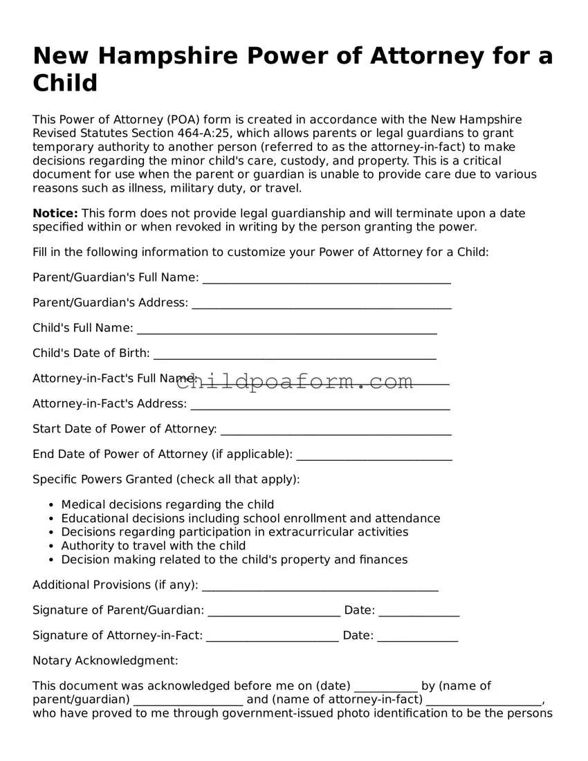Power of Attorney for a Child Document for the State of New Hampshire