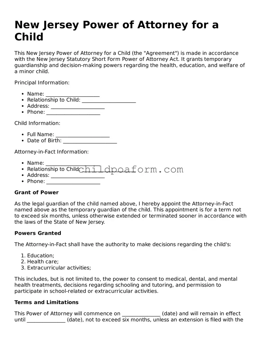 Power of Attorney for a Child Document for the State of New Jersey