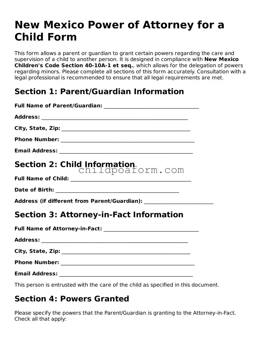 Power of Attorney for a Child Document for the State of New Mexico