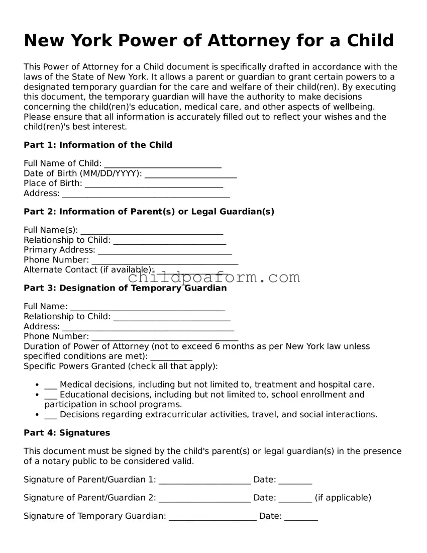 Power of Attorney for a Child Document for the State of New York