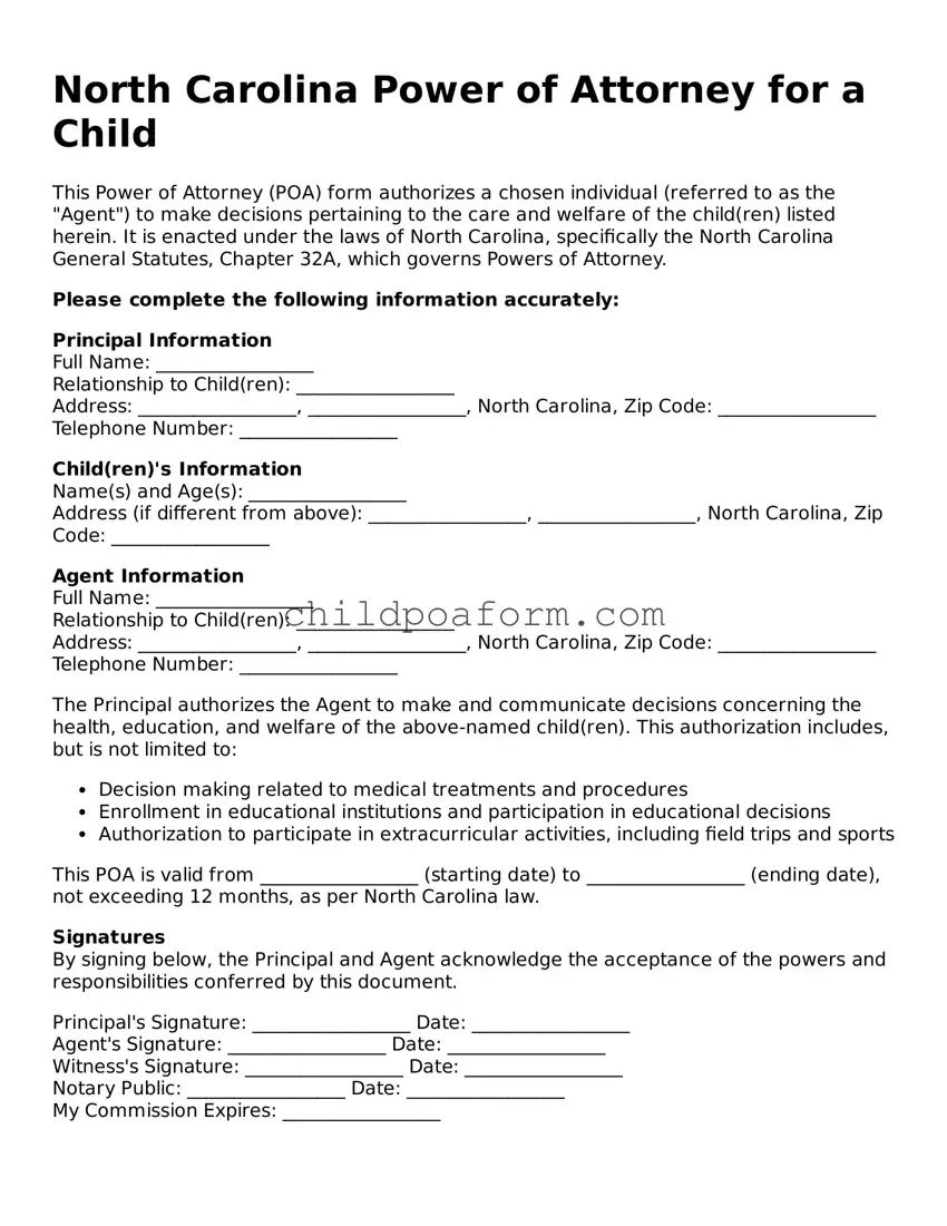 Power of Attorney for a Child Document for the State of North Carolina