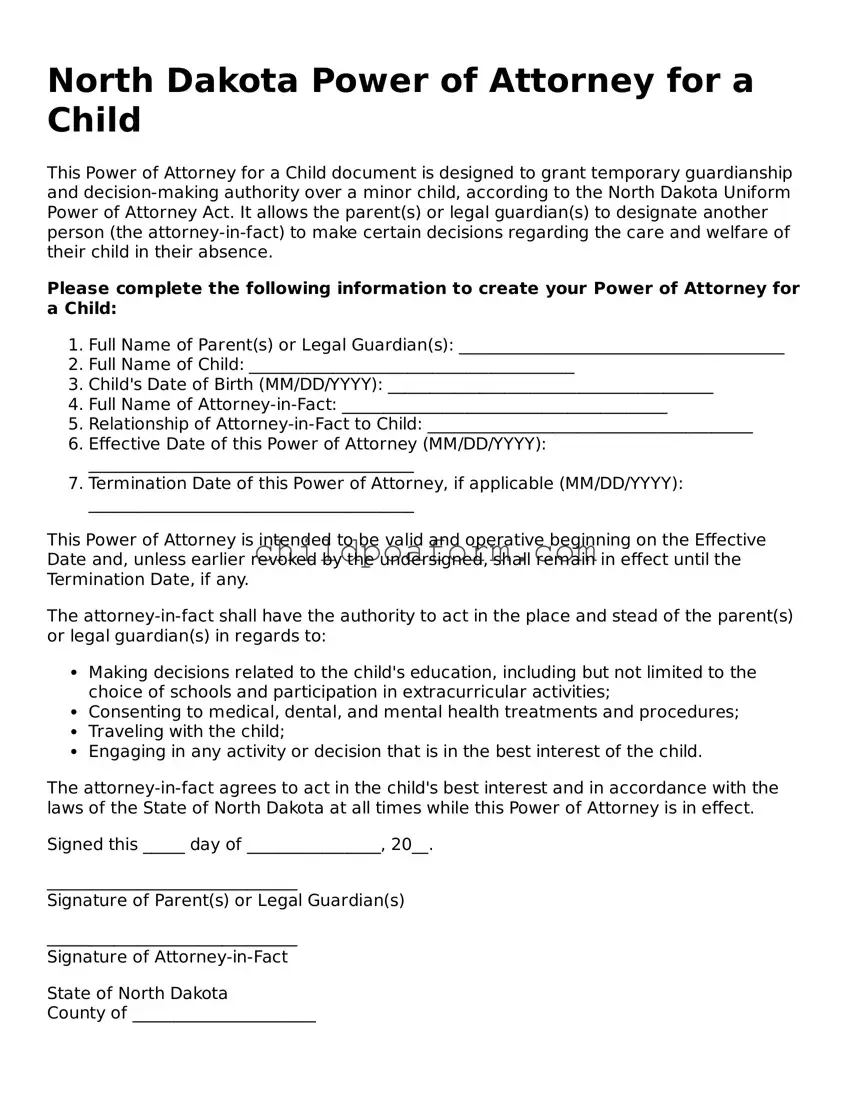 Power of Attorney for a Child Document for the State of North Dakota