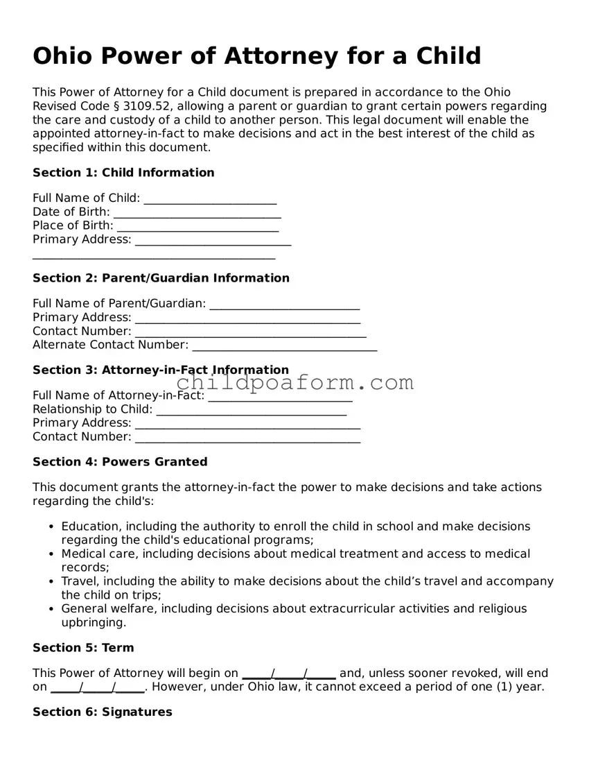 Power of Attorney for a Child Document for the State of Ohio