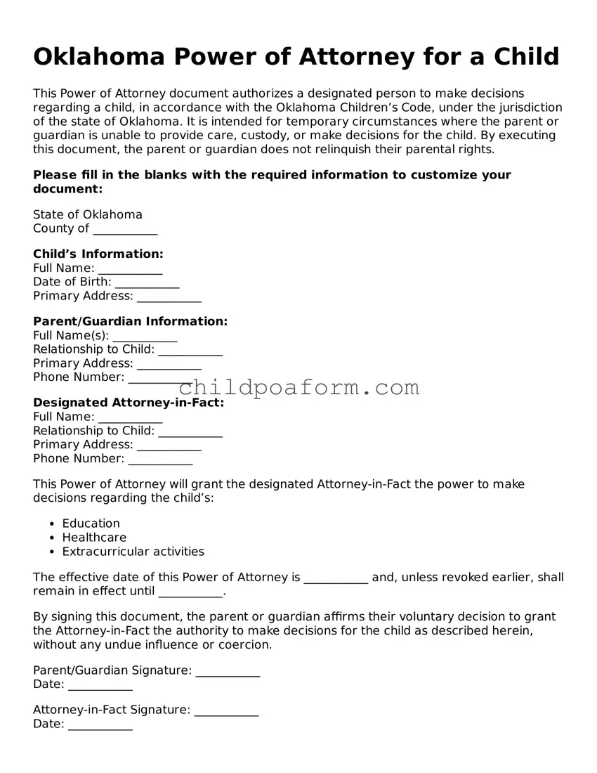 Power of Attorney for a Child Document for the State of Oklahoma