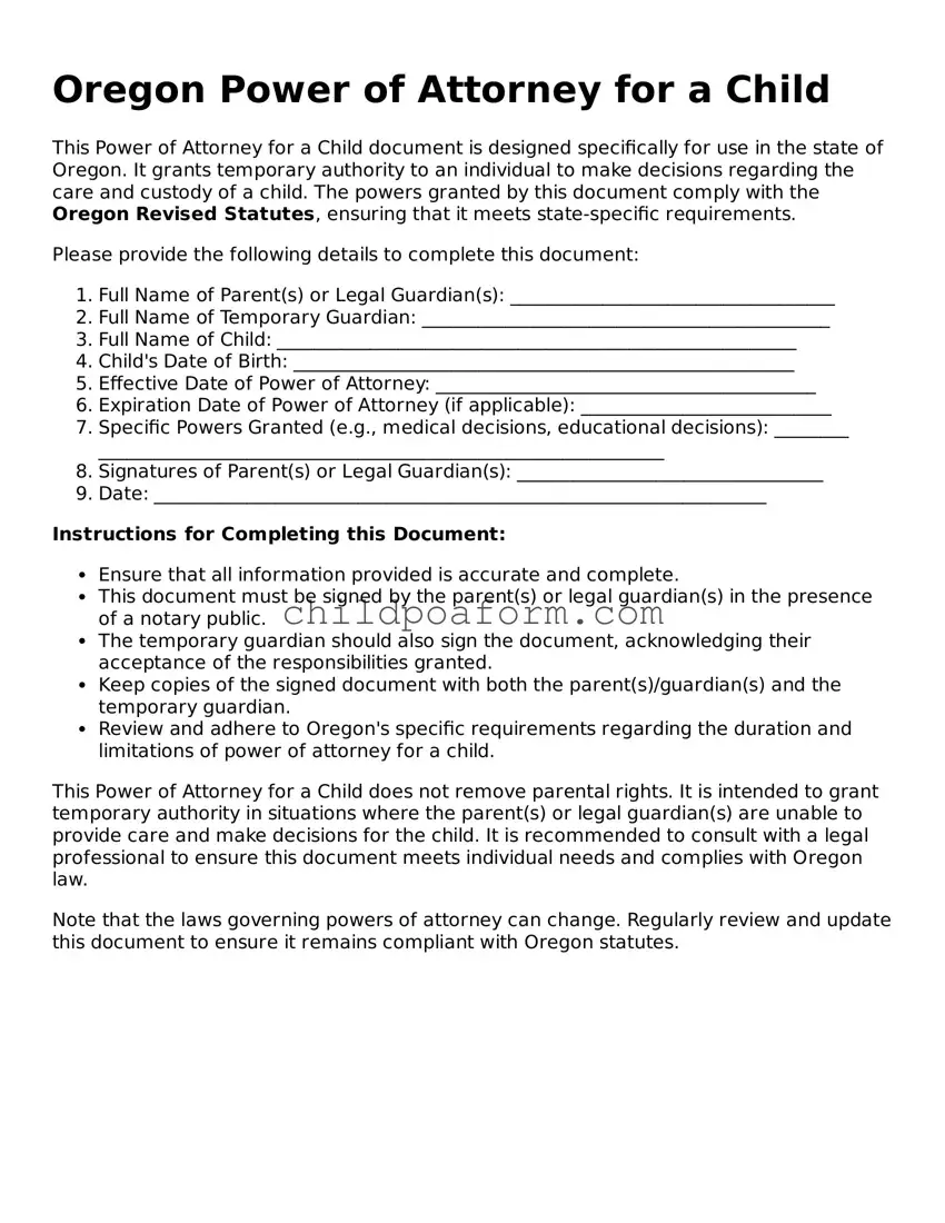 Power of Attorney for a Child Document for the State of Oregon
