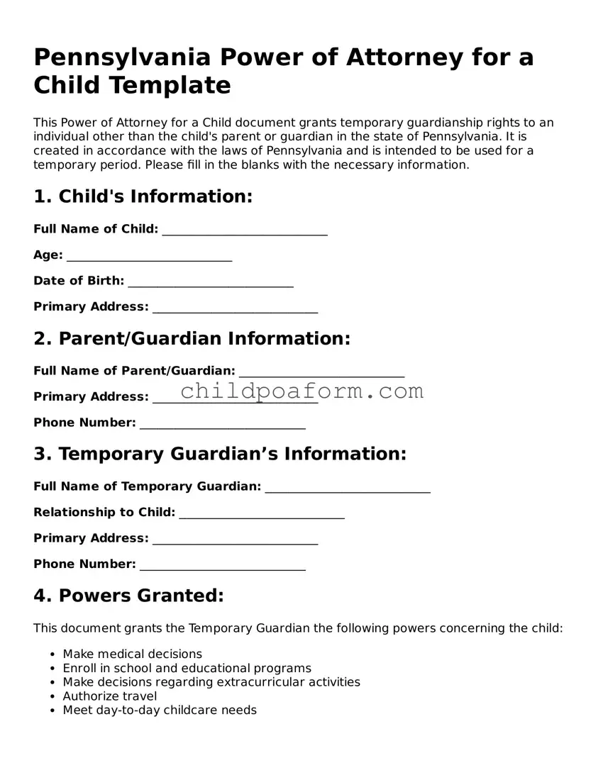 Power of Attorney for a Child Document for the State of Pennsylvania
