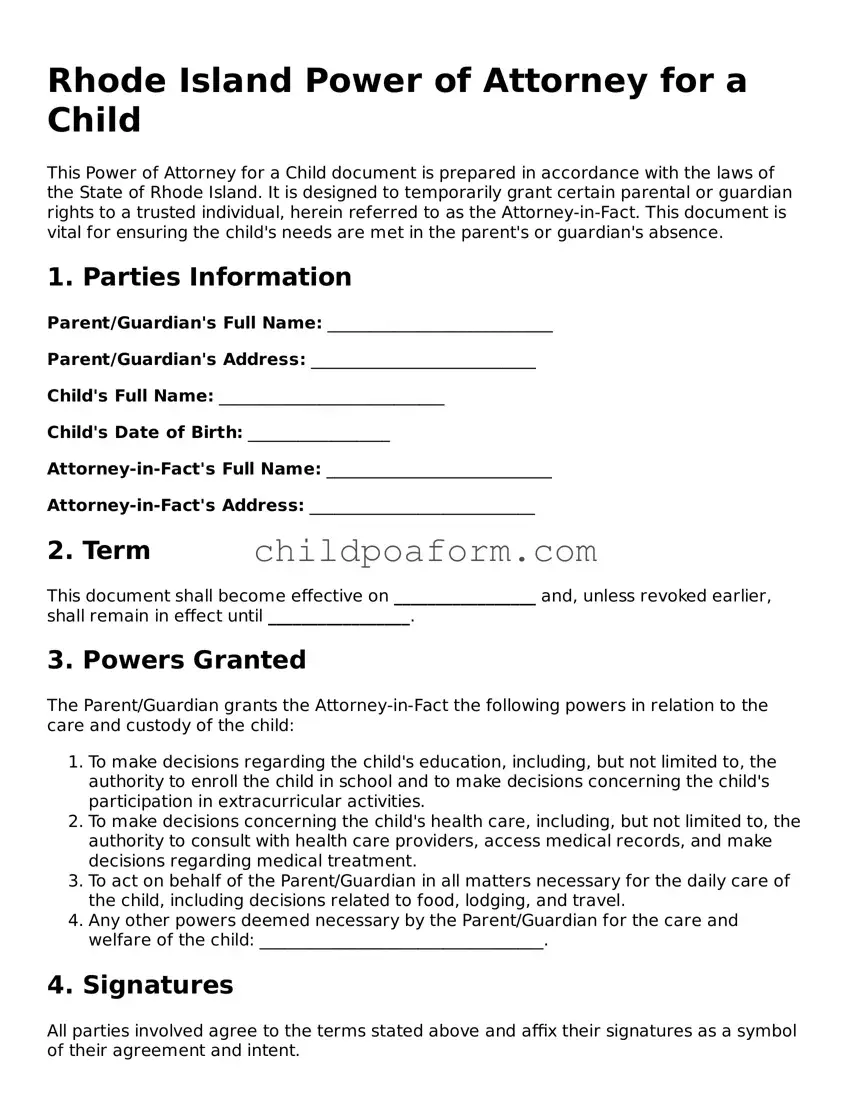 Power of Attorney for a Child Document for the State of Rhode Island