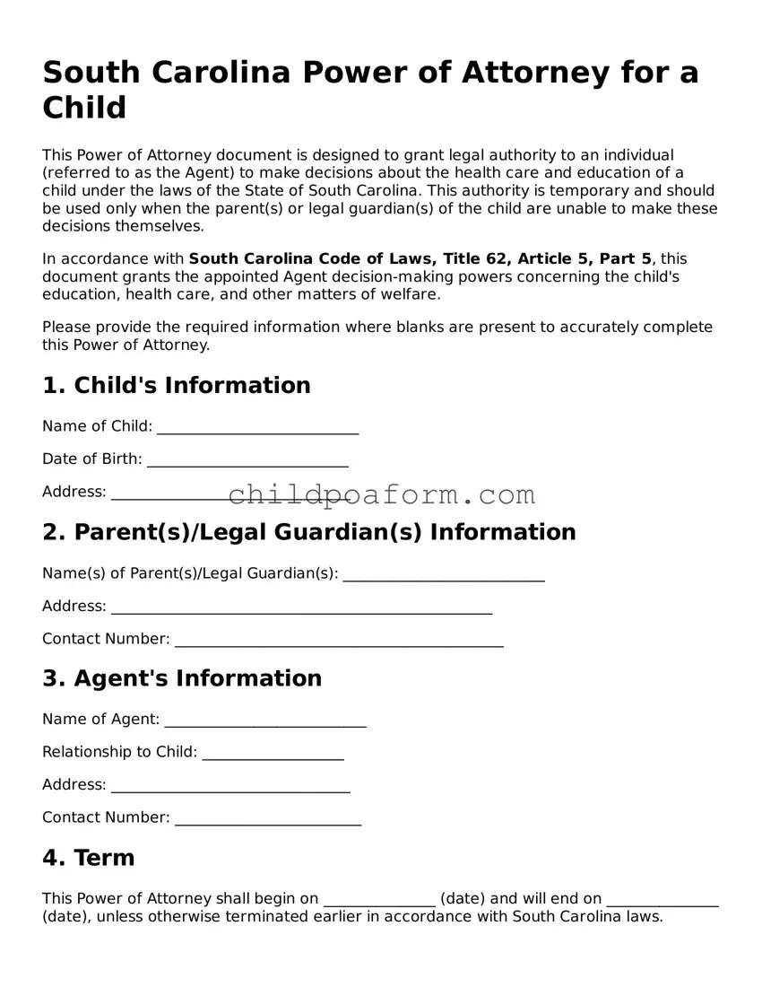 Power of Attorney for a Child Document for the State of South Carolina