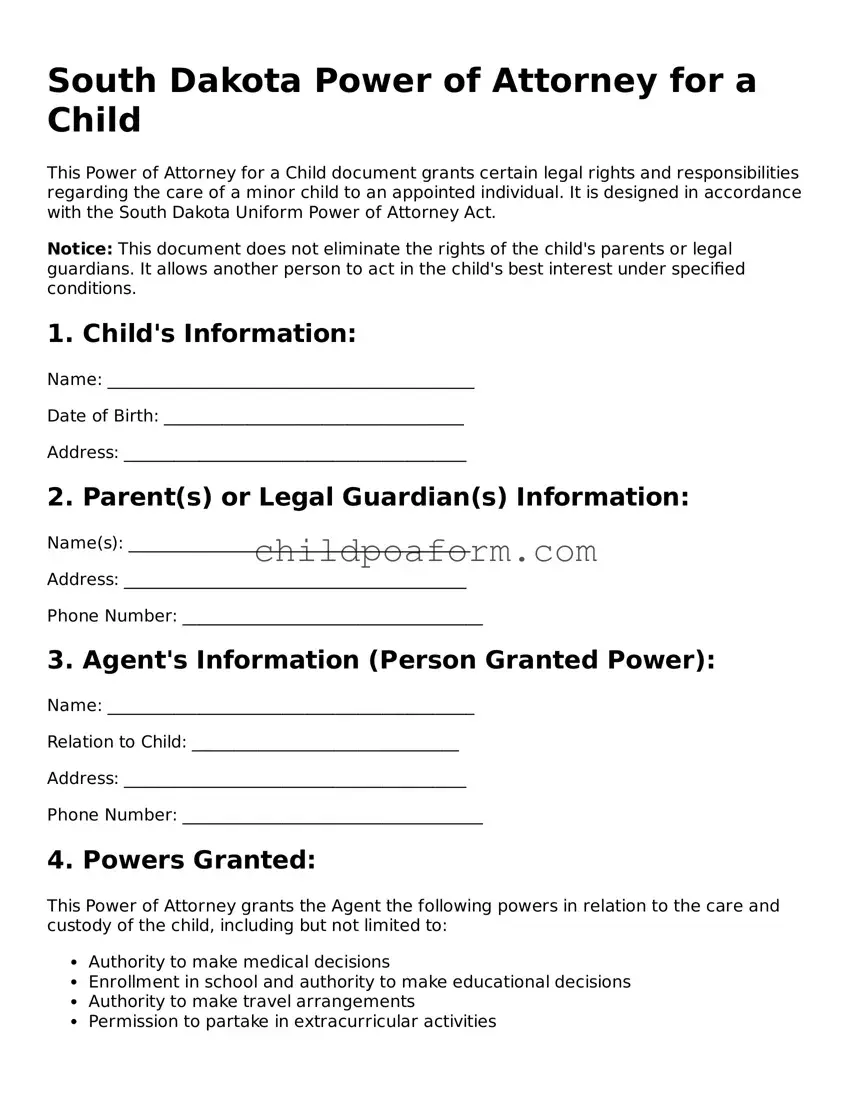 Power of Attorney for a Child Document for the State of South Dakota