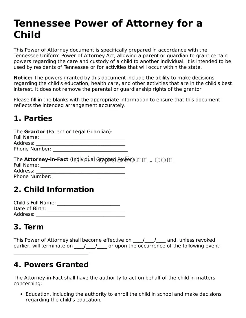 Power of Attorney for a Child Document for the State of Tennessee