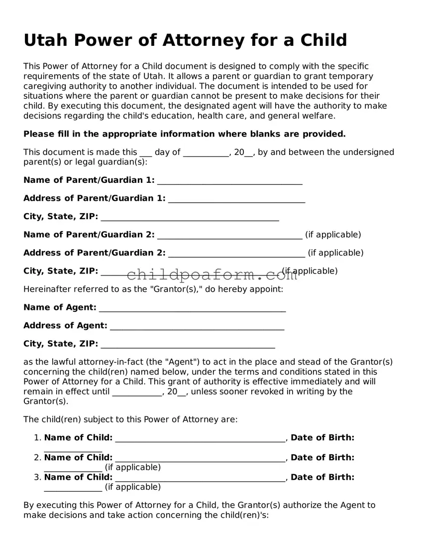 Power of Attorney for a Child Document for the State of Utah