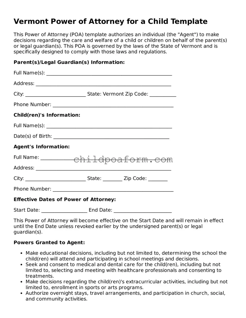Power of Attorney for a Child Document for the State of Vermont
