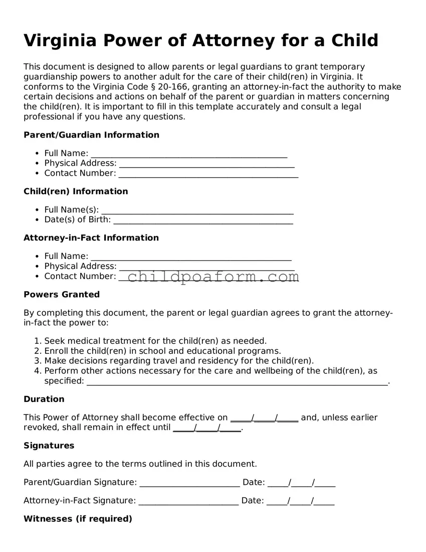 Power of Attorney for a Child Document for the State of Virginia