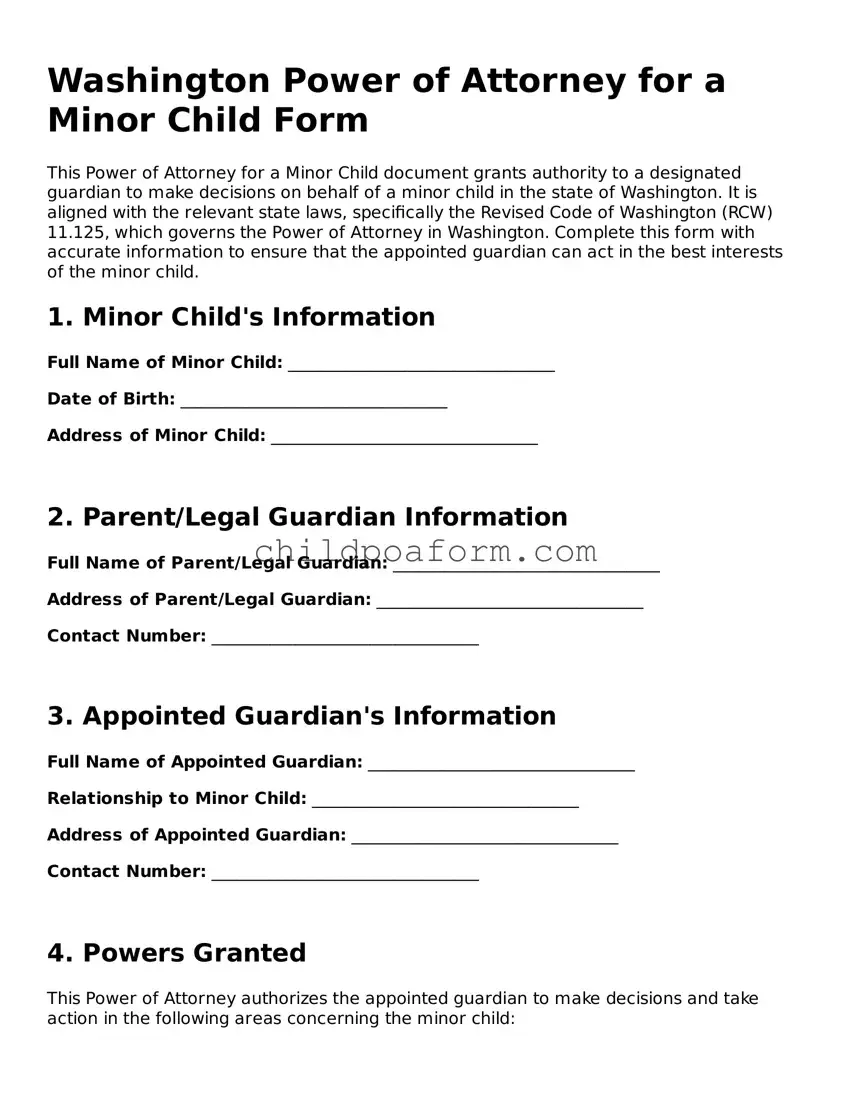 Power of Attorney for a Child Document for the State of Washington