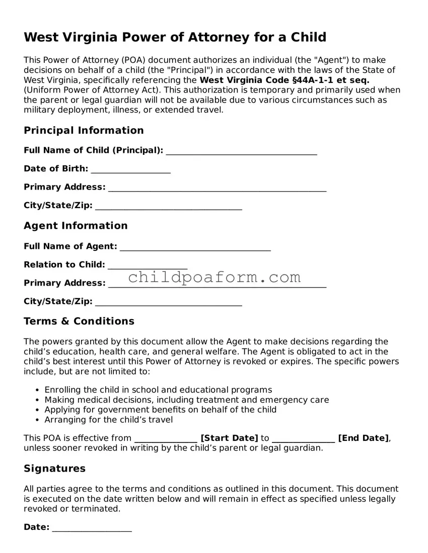 Power of Attorney for a Child Document for the State of West Virginia