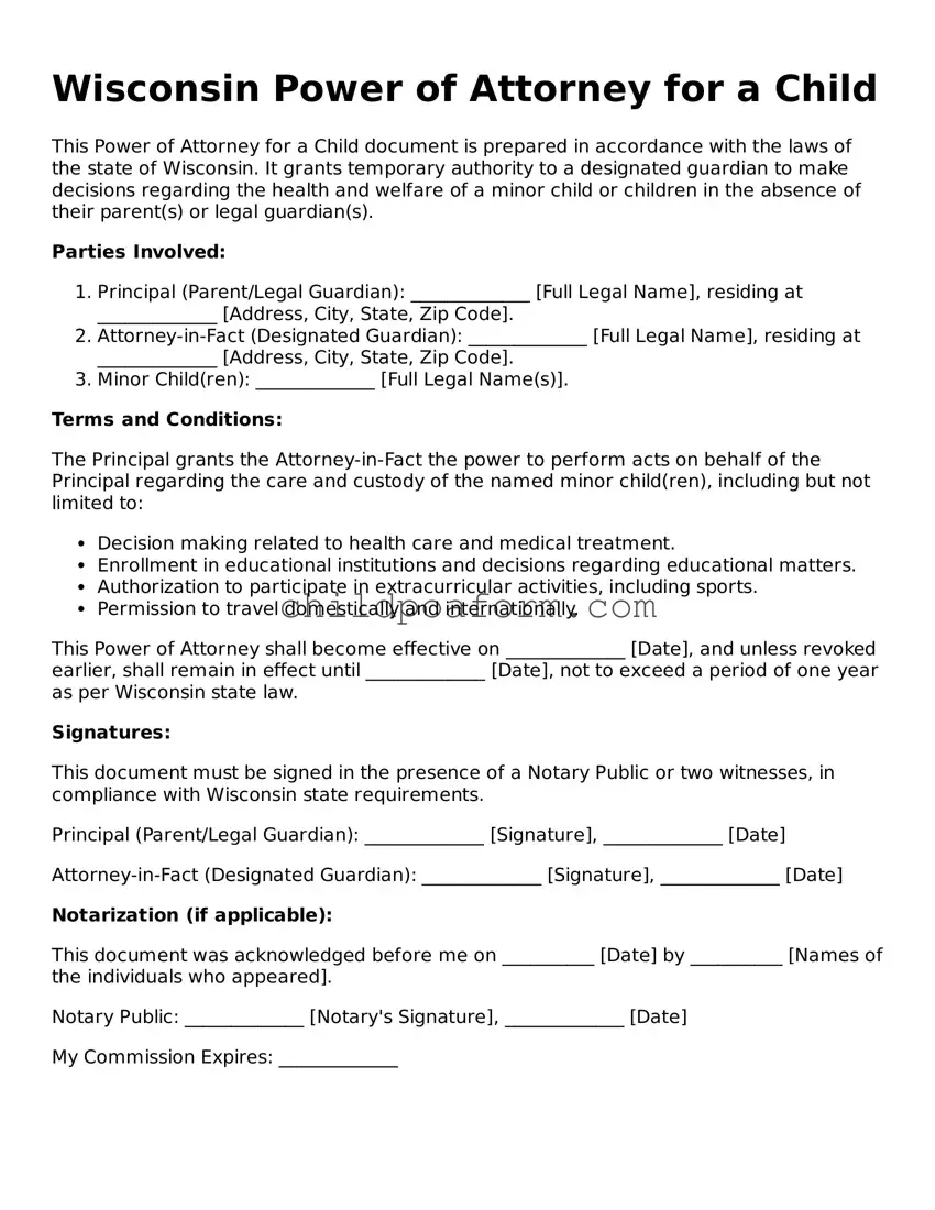 Power of Attorney for a Child Document for the State of Wisconsin