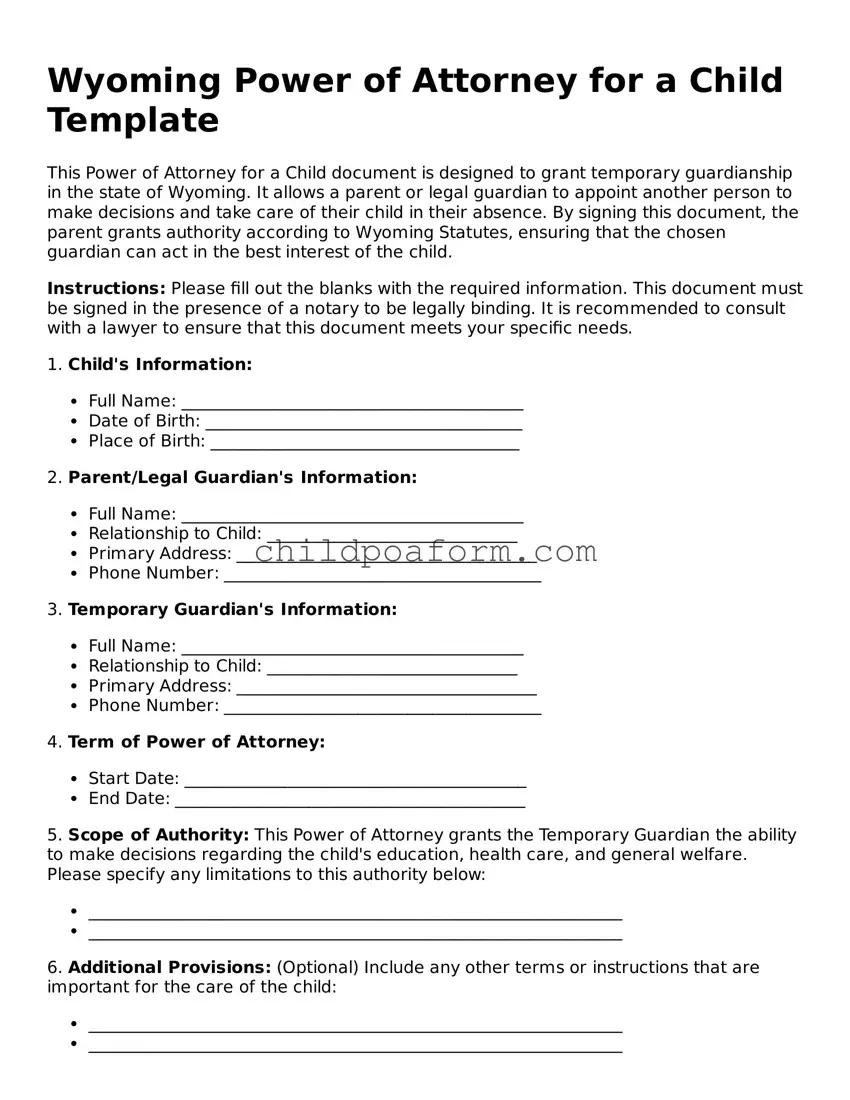 Power of Attorney for a Child Document for the State of Wyoming